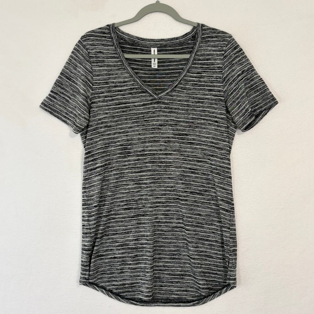 Athleta Shirt Women's Medium Tall V-Neck Black Gray Stripe Stretchy Knit Comfy